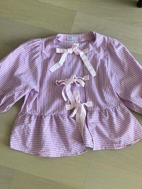 Bow-Tie Lavender Striped Peplum Blouse - Women